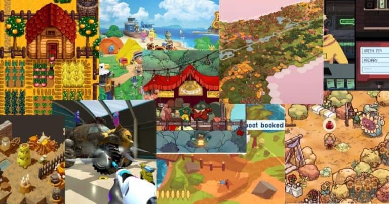 A collage of various video game scenes featuring colorful landscapes, buildings, animals, and characters in cartoon and pixel art styles.