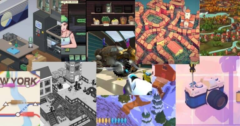 A collage of various video game scenes featuring cityscapes, landscapes, characters, a camera, and a museum diorama, presented in a mix of 2D and 3D art styles.