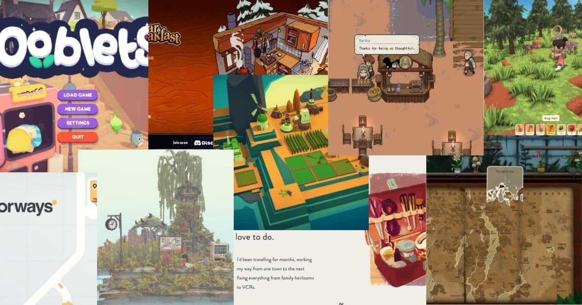 A collage of screenshots from various cozy video games, featuring game menus, maps, characters, and colorful environments.