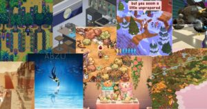 A collage of various video game scenes, including pixel art farms, cafes, underwater exploration, dolls, and colorful landscapes from different games.