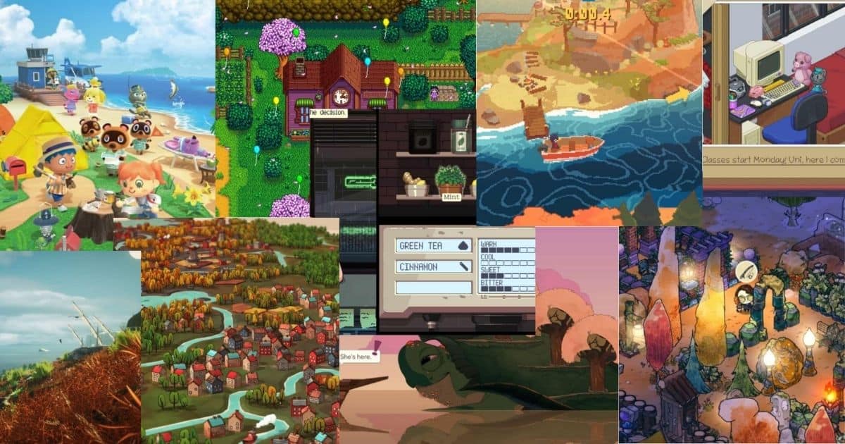 A collage of colorful video game screenshots, including cozy town scenes, a tea selection menu, a village map, animal characters, and people in various indoor settings.