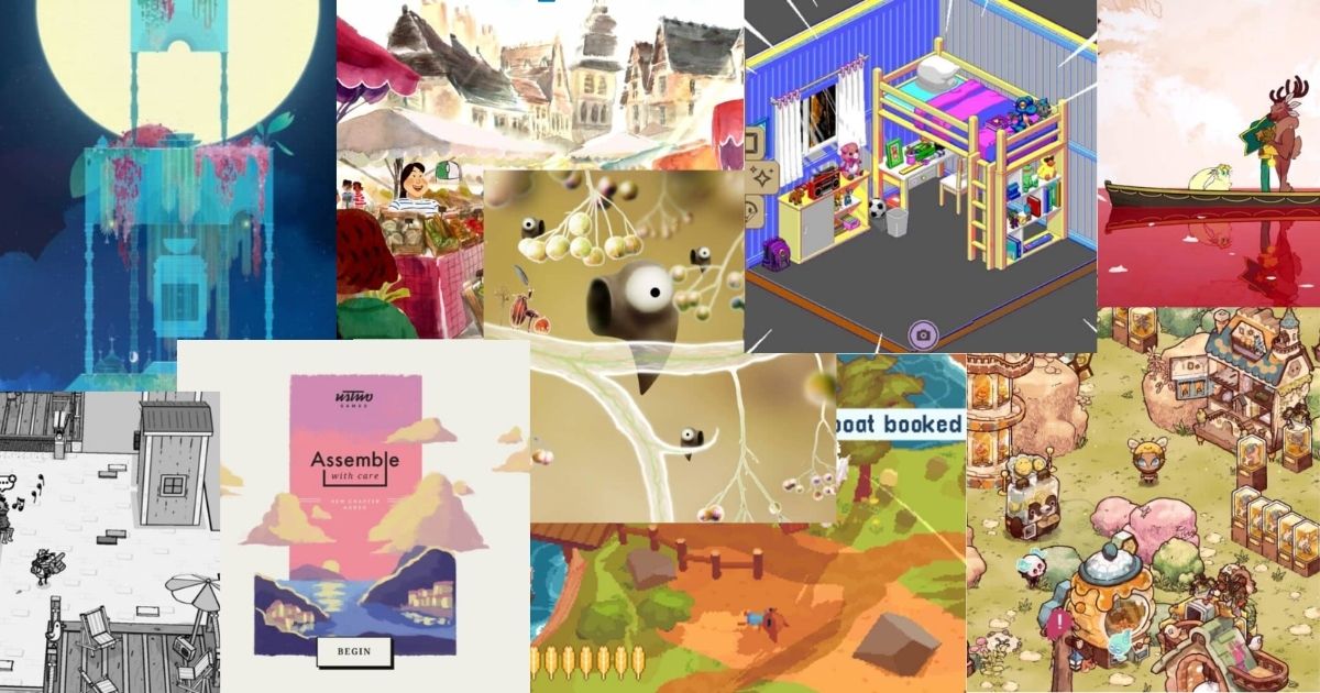 A collage of various indie video game screenshots featuring different art styles, including fantasy landscapes, colorful towns, and stylized characters.