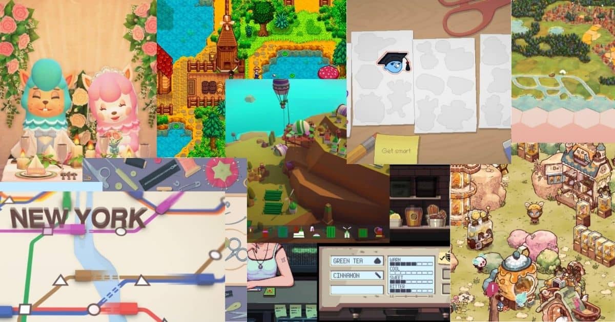 Collage of various cozy video game scenes, including characters, maps, buildings, crafting interfaces, and colorful environments.