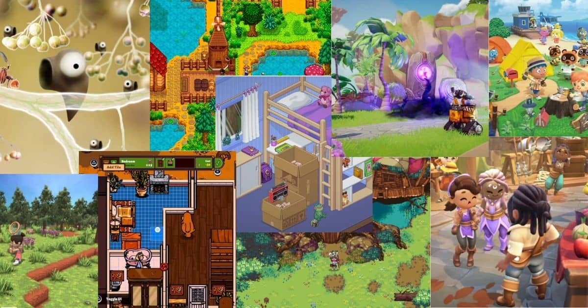 A collage of various colorful video game scenes featuring farming, adventure, fantasy characters, and interior room design.