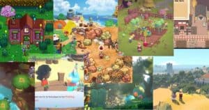 A collage of colorful, cartoon-style farming and life simulation game scenes, including gardens, animals, crops, and outdoor environments.