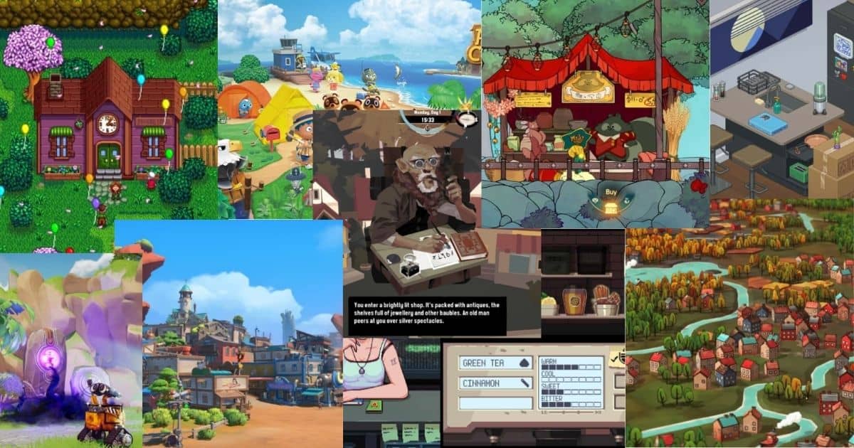 A collage of various video game scenes featuring colorful landscapes, animated characters, cozy interiors, and interactive menus in a mix of outdoor and indoor settings.
