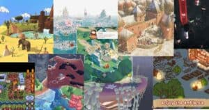 A collage of scenes from various video games, featuring different environments such as deserts, cities, forests, medieval buildings, and cozy outdoor settings.