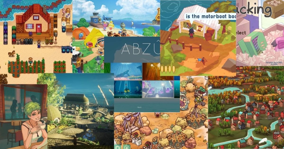 A collage of colorful video game scenes featuring farming, underwater exploration, villages, and various animated characters and landscapes.