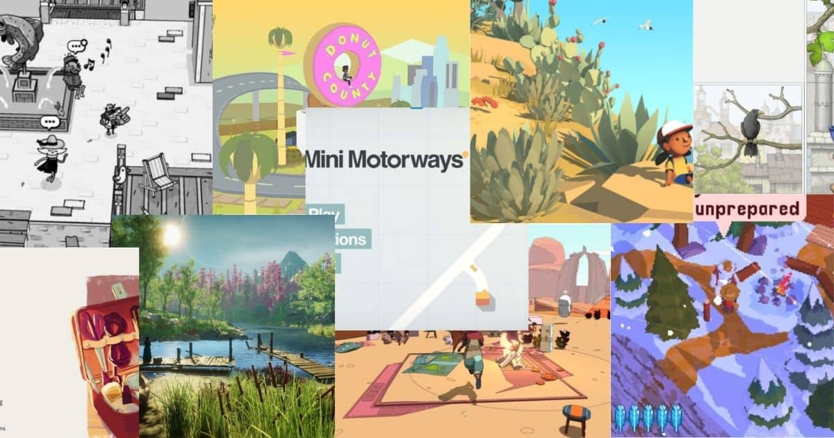 A collage of various video game screenshots, each showing different art styles and environments, including city scenes, nature, and animated characters.