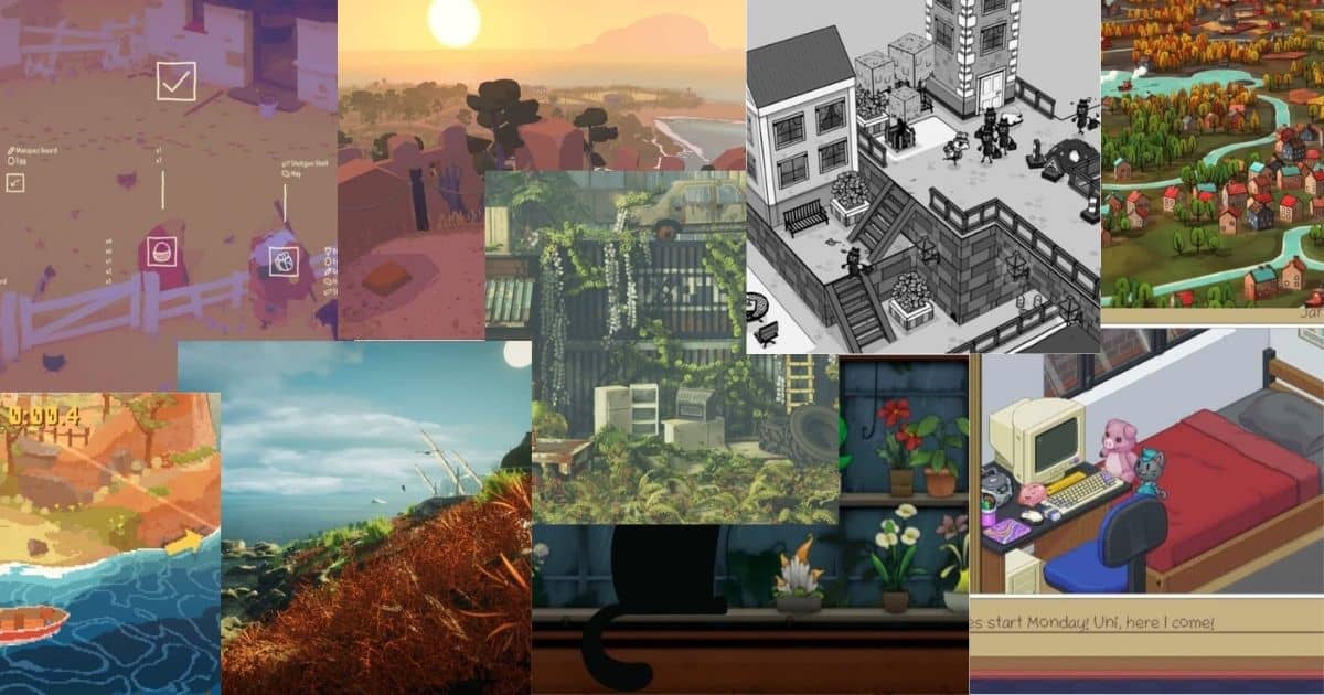 A collage of various video game environments featuring colorful landscapes, buildings, pixel art scenes, plants, and characters at a computer desk.