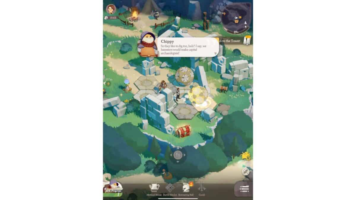 A game interface shows a character named Chippy speaking, with ruins, trees, and hexagonal tiles on the map. On-screen icons, health, currency, and dialogue are visible.