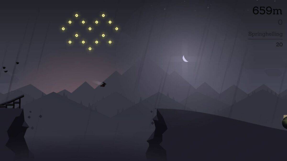 A silhouetted character on a snowboard jumps over a chasm at night with mountains in the background and glowing coins arranged in the sky.
