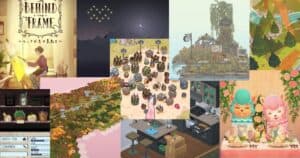 A collage of cozy video game screenshots, featuring scenes of painting, crafting, cooking, island life, and whimsical characters in various pastel and natural color palettes.