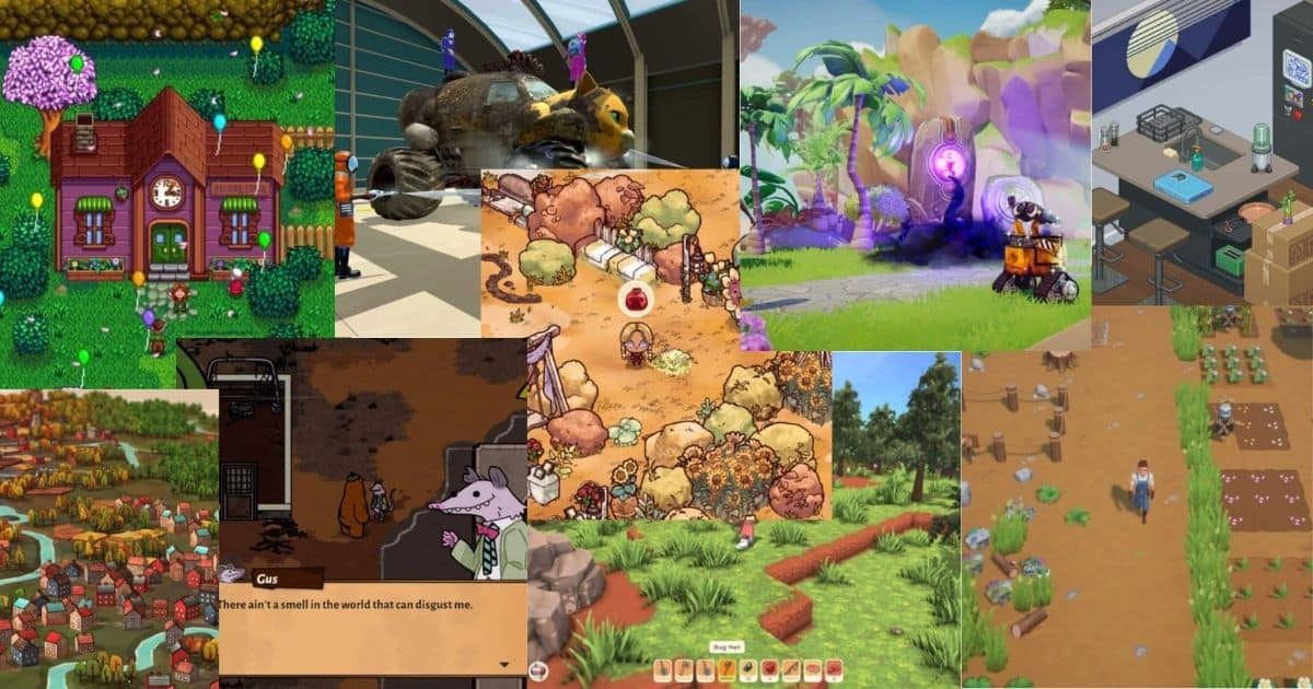 Collage of various farming and life simulation video games, featuring animated characters, farms, crops, and colorful outdoor and indoor environments.