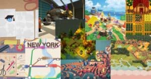 A collage of images from various simulation and strategy video games, featuring crafting, city-building, farms, and maps with colorful, cartoon-like graphics.