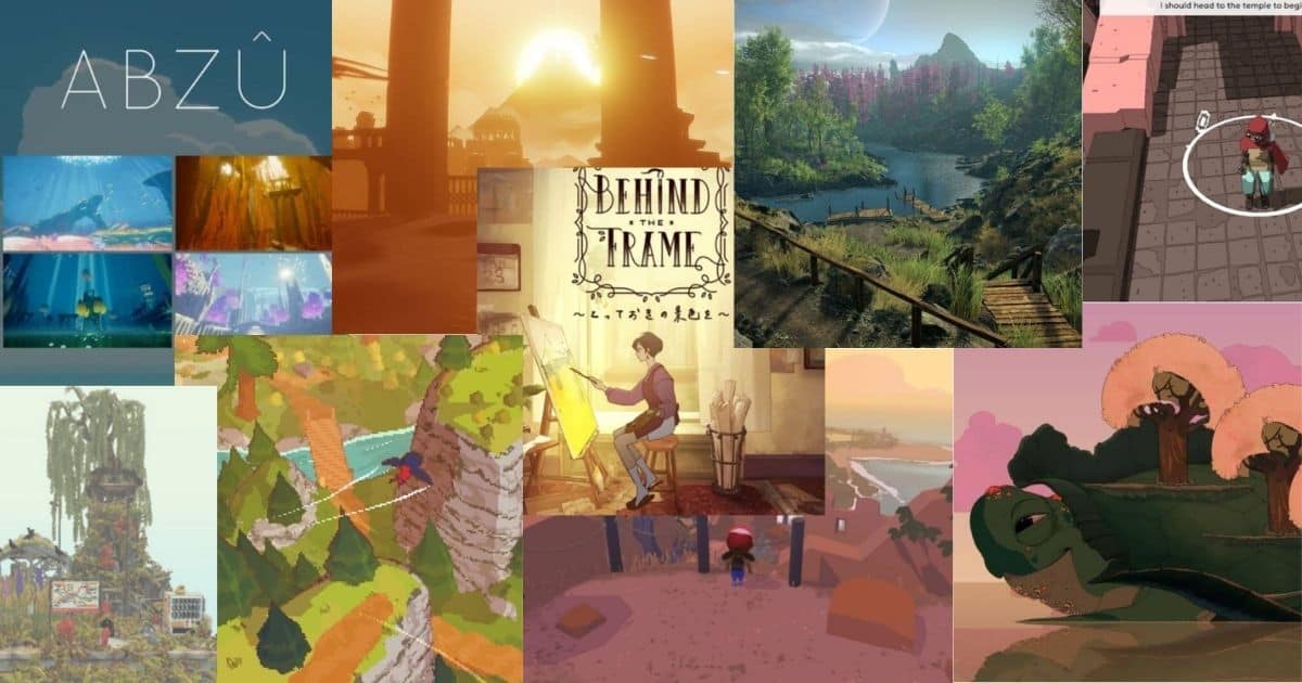 A collage of vibrant, stylized game scenes featuring natural landscapes, underwater views, artistic settings, and animated characters in various environments.