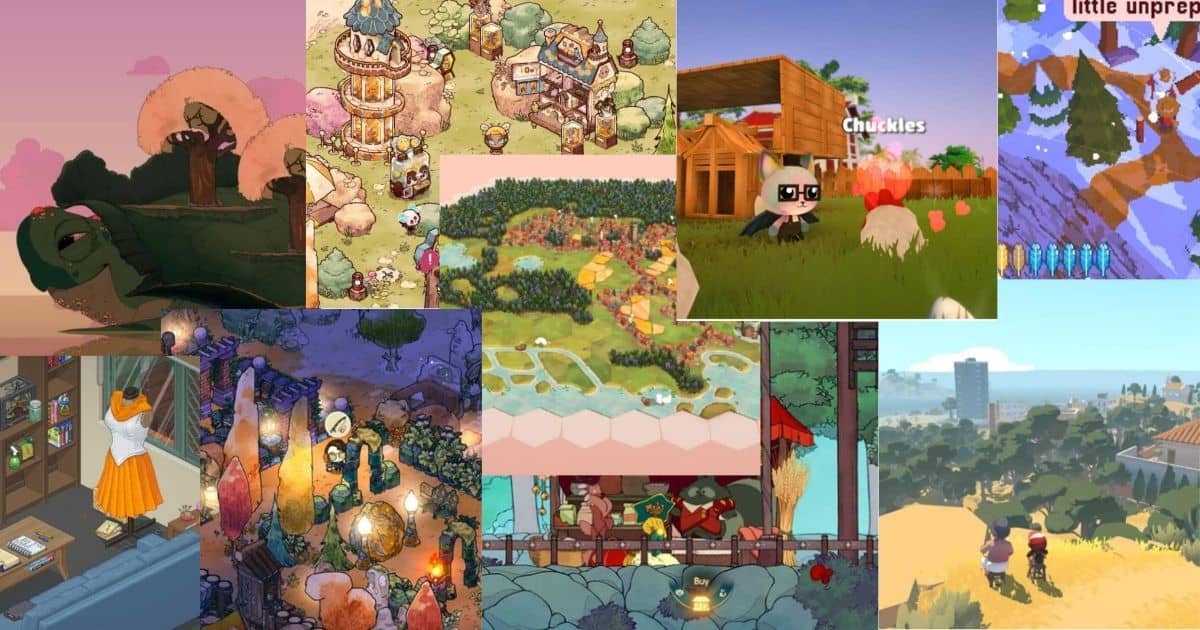 A collage of various cozy video game scenes, including colorful landscapes, characters interacting with animals, and interiors with warm, inviting designs.