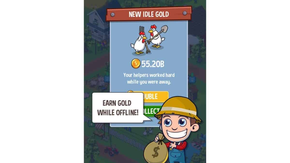 A farm game screen shows chickens, a gold reward of 55.20B, and a character holding a money bag with a message saying, “Earn gold while offline!”.